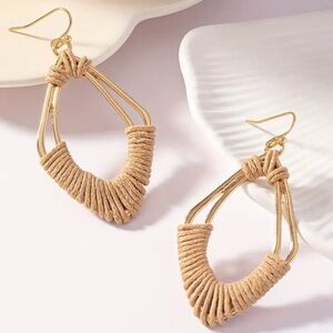 ✨ Boho Woven Teardrop Dangle Earrings | Gold Tone + Natural Fiber